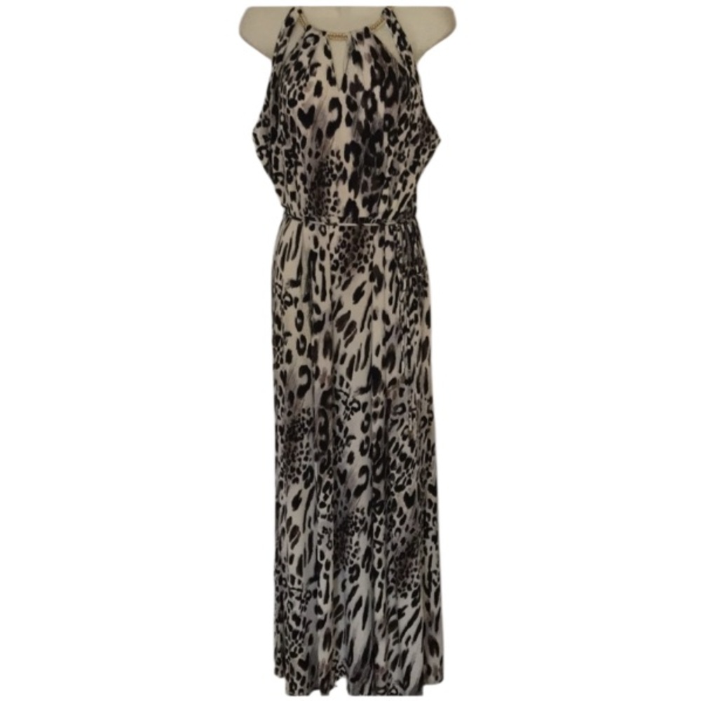Sandra Darren size 12 Ivory & black Leopard print maxi dress high front slit NWT